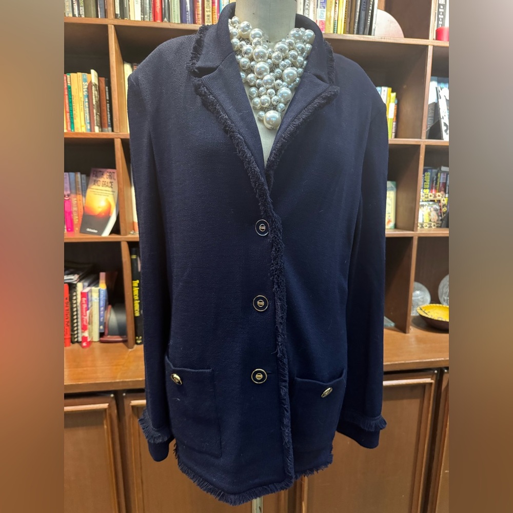 Classic St John Collection Santana Knit Navy Blazer with Fringe Detail 16 XL